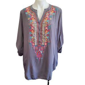 Solitaire Floral Embroidered Boho Festival Vacation Tunic Top XL Roll Tab Sleeve